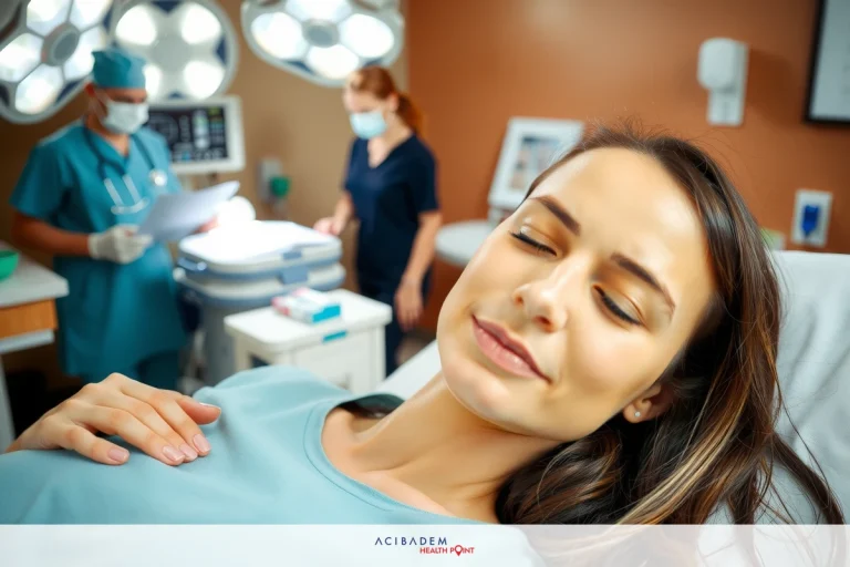 The image captures a woman lying on an examination table, likely in a hospital or medical facility. There are two medical professionals present; one is attending to the patient while the other stands nearby. The woman appears relaxed but focused on her breathing, suggesting she might be undergoing medical testing or treatment. The sterile environment and professional attire of the staff indicate that this is a serious setting dedicated to healthcare.
