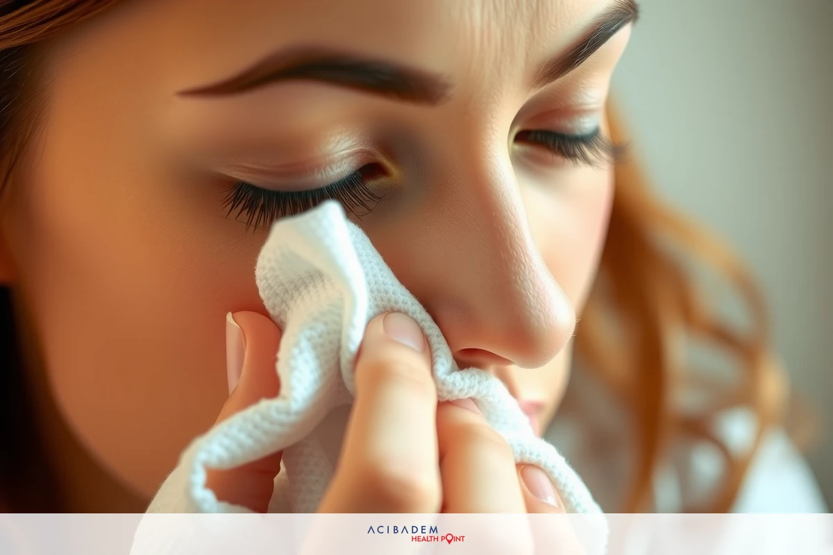 A woman using a tissue to wipe her nose, with a focused expression on her face, set against a neutral background that appears to be an indoor office or living room space.