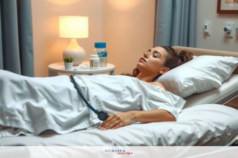 A woman is lying in a hospital bed with medical monitors connected to her. The room has a dim light, and there's a table with medical supplies beside the bed.