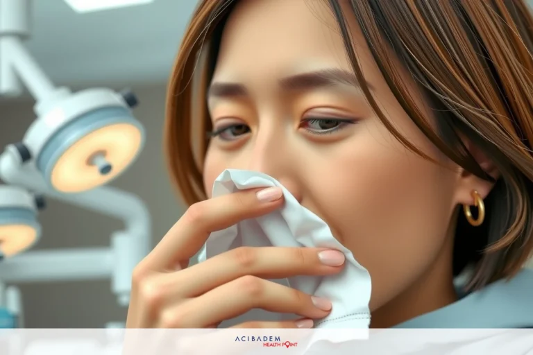 How to Get Boogers Out of Nose after Rhinoplasty The image shows a woman in an operating room environment. She is wearing a surgical mask and appears to be sneezing or coughing, as she holds the mask up to her face with one hand.