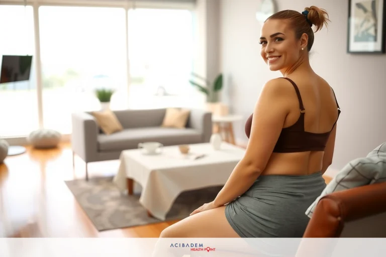 The image features a woman seated in a modern living room. She is wearing a black bra top, gray shorts, and her hair is tied back. The room has a neutral color palette with a couch, a coffee table, and a dining area visible in the background.