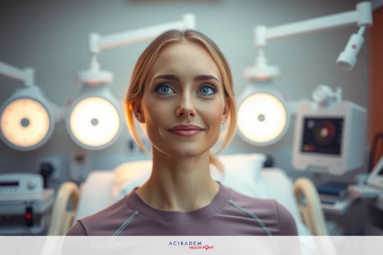 A woman with a concerned expression looking up towards the ceiling, surrounded by medical equipment such as a hospital bed and monitors. Her skin tone is light to medium, and she has long hair.