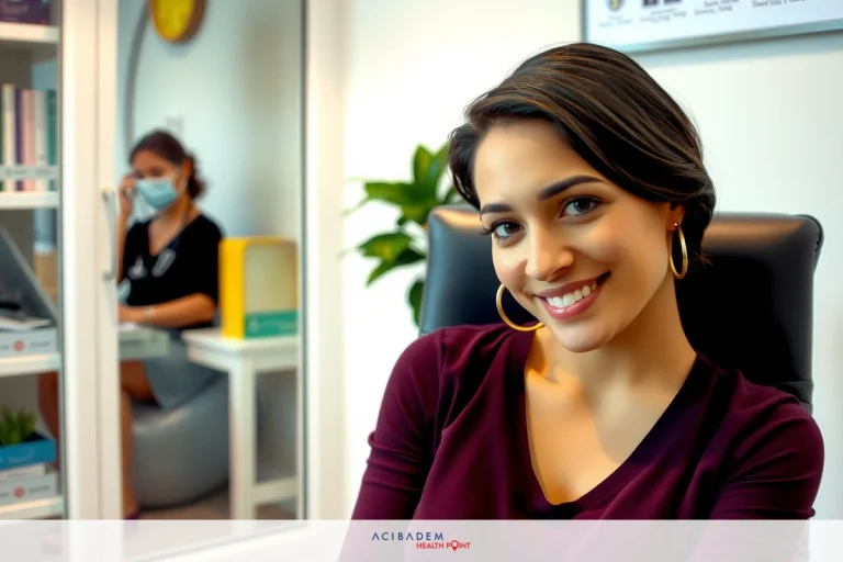 A woman wearing a purple shirt is seated at a desk in an office. Behind her, another person is also present in the room, possibly engaged in work on a computer. The office environment suggests professional interaction or collaboration.