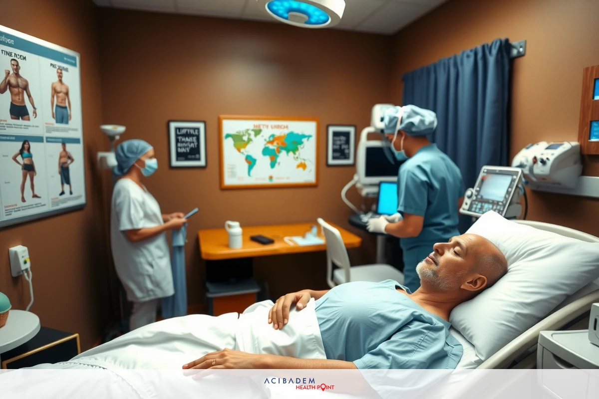 In the image, a patient is lying on a hospital bed, covered with a blanket and connected to medical equipment. The patient appears relaxed or asleep. A female doctor is standing over him, attentively observing his condition. Another person is present in the room, possibly an additional medical professional or a nurse. The room has a clinical appearance, with various pieces of medical equipment scattered around the bed and walls. There are posters on the wall providing medical information.