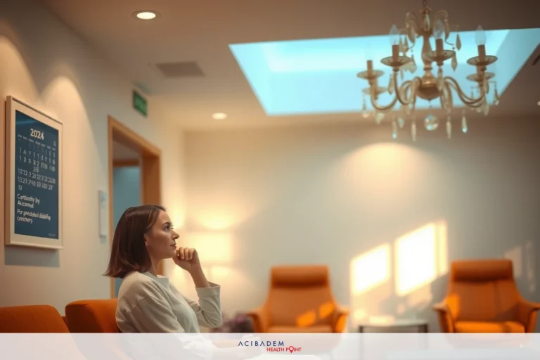 An interior setting with a person seated on a modern chair. The individual is wearing white and appears to be pensive or contemplative, looking down while resting their chin on their hand. The lighting suggests it might be late afternoon or early evening. A large chandelier hangs from the ceiling above them. There's a framed calendar hanging on the wall nearby.