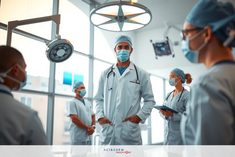 The image features a group of medical professionals in a hospital setting, wearing surgical attire and face masks. They are focused on discussing medical matters with each other, possibly during a pre-operation meeting or post-procedure debrief.