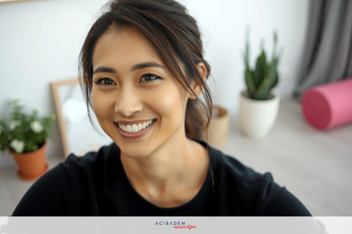 A smiling woman seated in a room with indoor plants and a workout ball, suggesting an at-home wellness or fitness setting.
