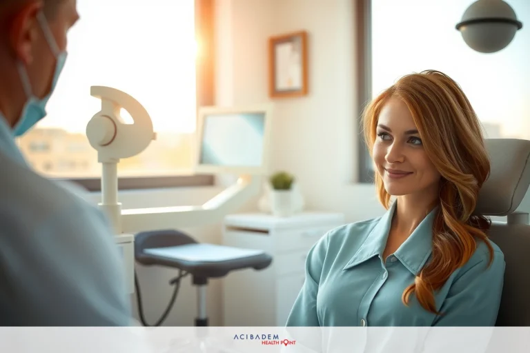 The image depicts a medical office setting with a female doctor and a patient seated in the medical chair. Both individuals are engaging in conversation, possibly regarding the patient's health concerns or treatment plan.