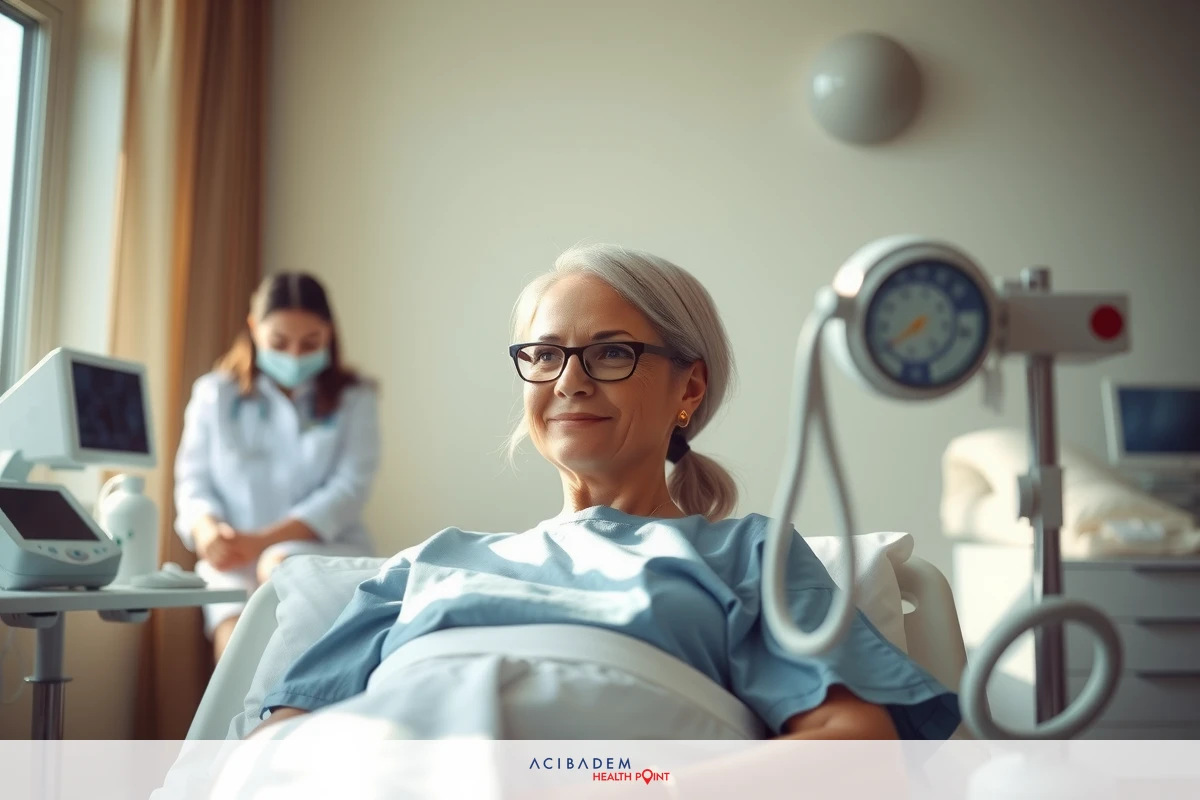 The image portrays a scene within a medical setting, likely an obstetrics or maternity ward. At the forefront, an older woman is seated on a hospital bed, dressed in medical attire indicative of her being a patient about to give birth.