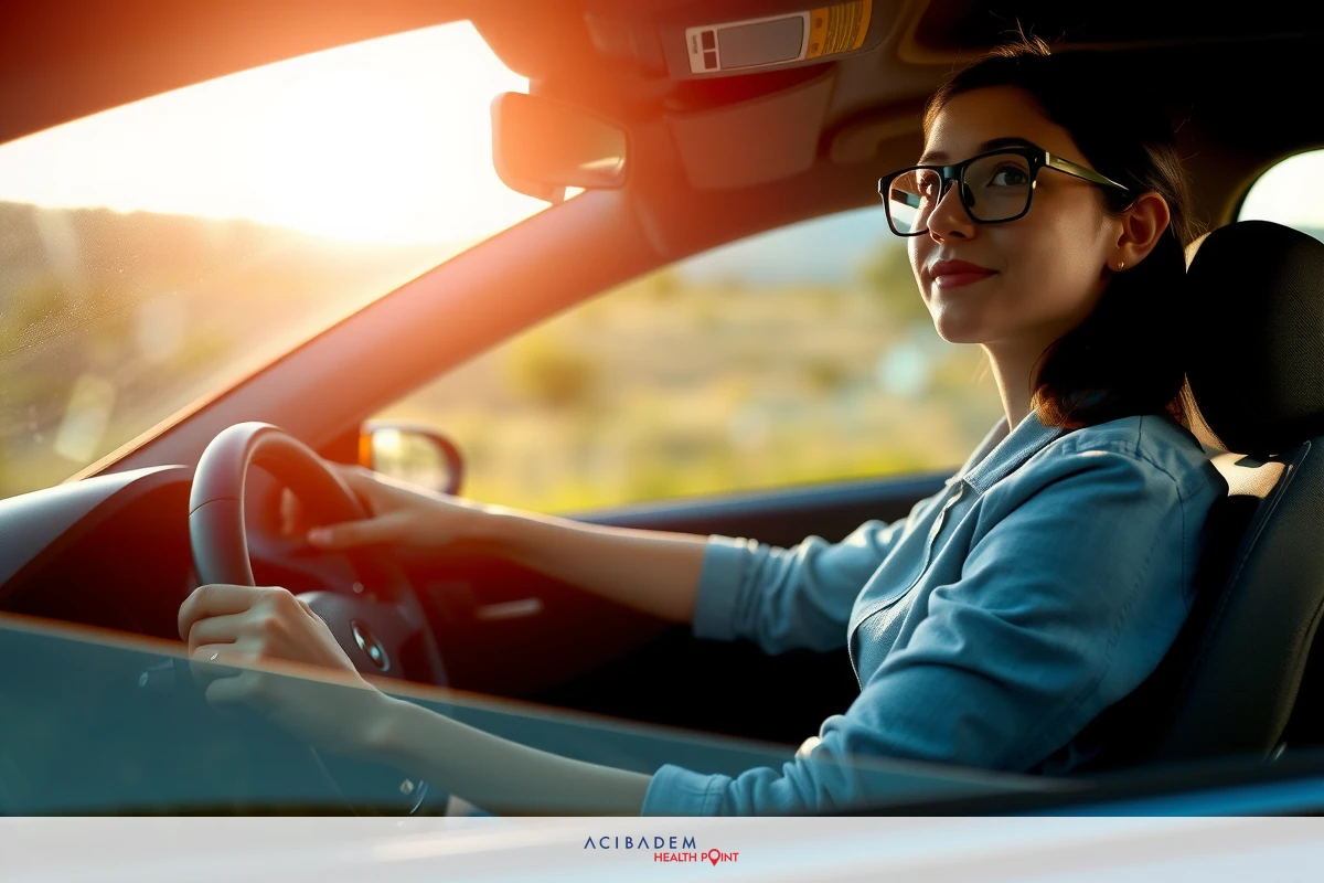 The image shows a woman in the driver's seat of a car, likely on a sunny day given the warm light and shadows. She appears to be preparing for her journey or taking control of the vehicle. The car is modern with sleek design features, indicating it could be an electric or hybrid model. The environment suggests she might be starting a trip or commute during daylight hours.