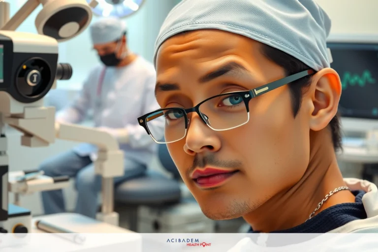 Who Performs LASIK Eye Surgery The image features a medical setting with two men in white lab coats. The man at the front is wearing glasses and appears to be looking directly at the camera. Behind him, another man is seated at a workstation with a monitor displaying numerical data.