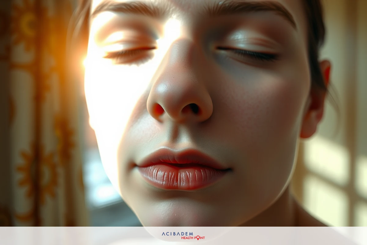 The image shows a young woman with her eyes closed, seemingly in deep thought or possibly taking a nap. The sun appears to be shining on her face, creating a gentle glow that highlights her features and adds a serene atmosphere to the scene.