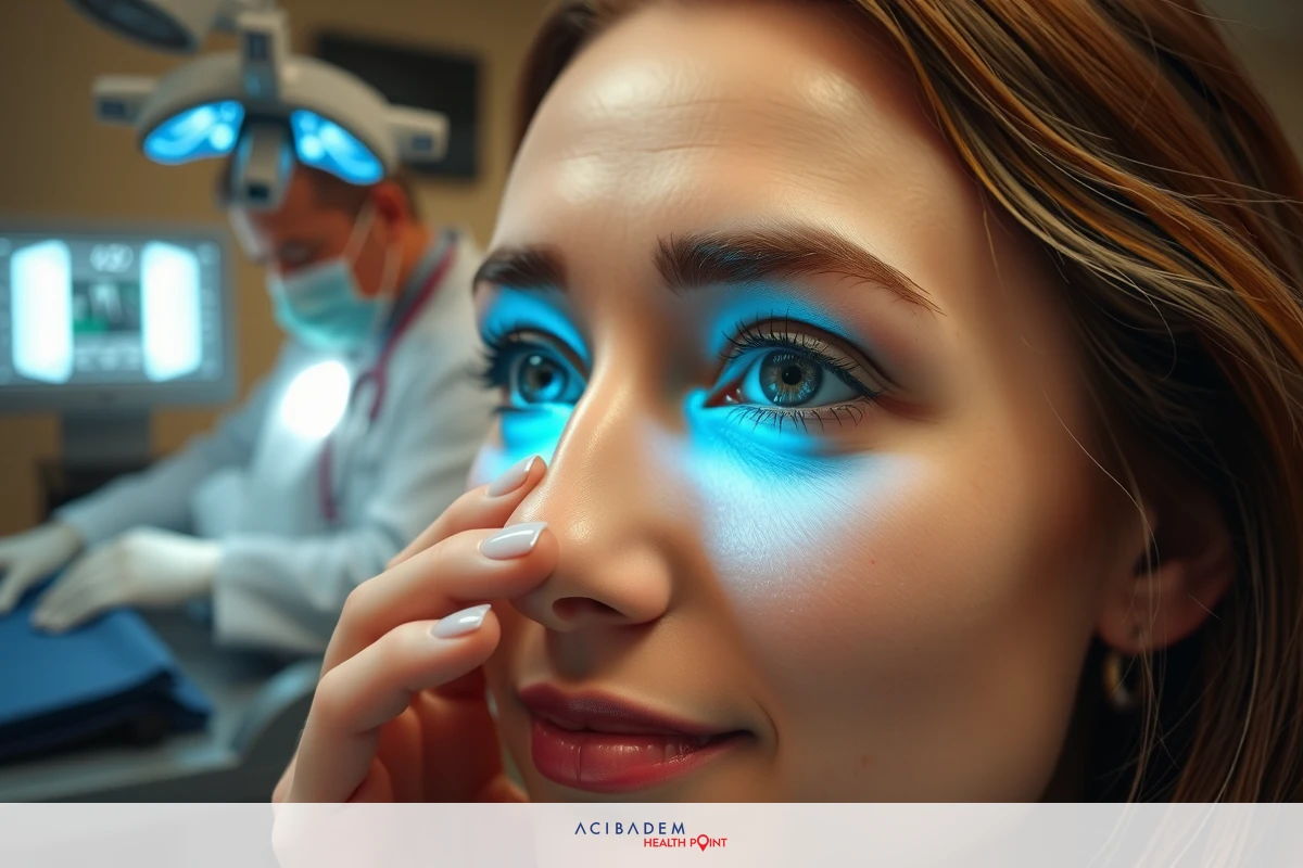 The image is set in a medical office. The central figure is a woman, possibly a patient, receiving care or treatment from an attendant whose face is blurred out. The room has bright lighting and appears to be equipped with medical devices such as a chair for examinations.