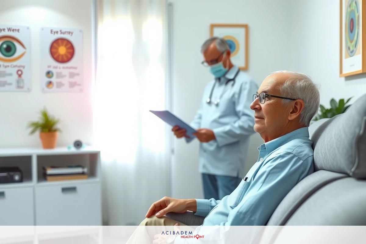 This is a photograph taken in an eye examination setting. The central figure is an older man sitting comfortably in a waiting chair, possibly for an eye test. He appears to be observing something closely while maintaining a patient and attentive posture. Standing behind him is another person who seems to be the eye care professional. This individual is holding papers and may be preparing to examine the older man's eyes or discuss his examination results with him.