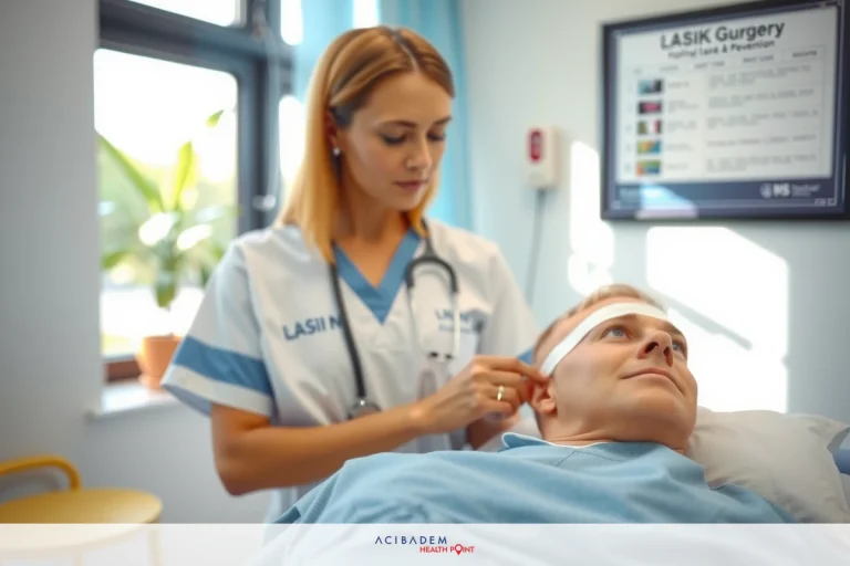Medical professional in uniform attending to a patient in a clinical setting. The nurse is preparing the patient for medical procedure, likely an examination or treatment.