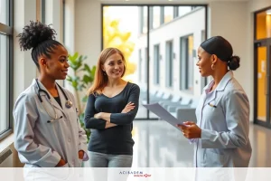 Three doctors in a modern clinic. A white woman with dark hair is seated, smiling at two African American women dressed in medical attire, who stand and converse in front of her. They are in a brightly lit room with sleek design elements.
