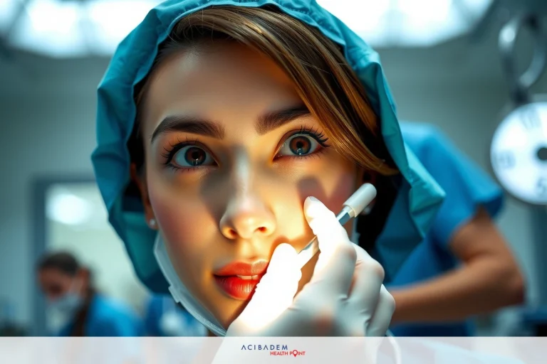 The image depicts a woman in a medical environment, wearing scrubs, focused on her work. The scene suggests a professional setting such as a medical clinic.