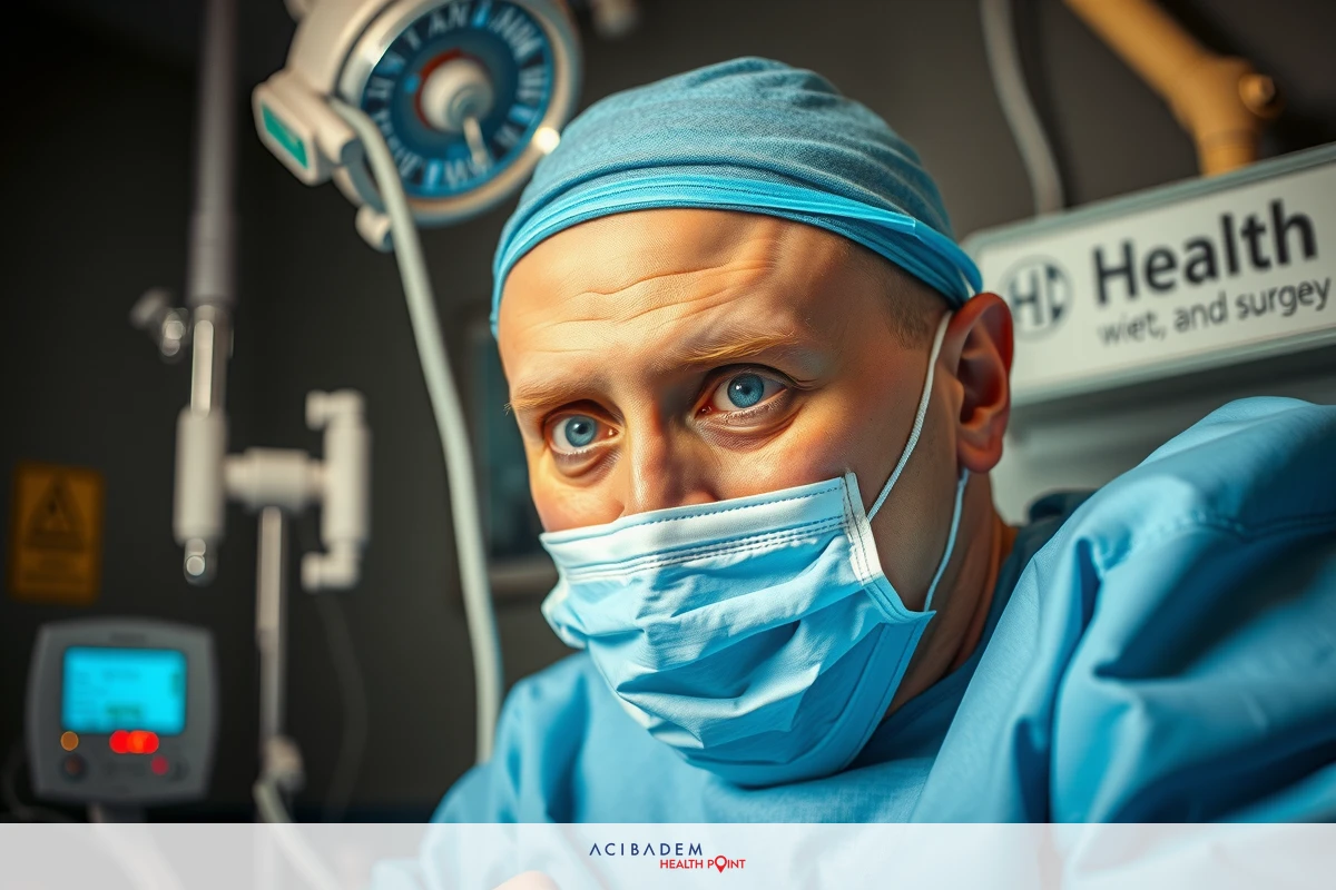 Man wearing surgical attire including blue scrubs, a stethoscope, and a face mask standing in an operating room setting with medical equipment.
