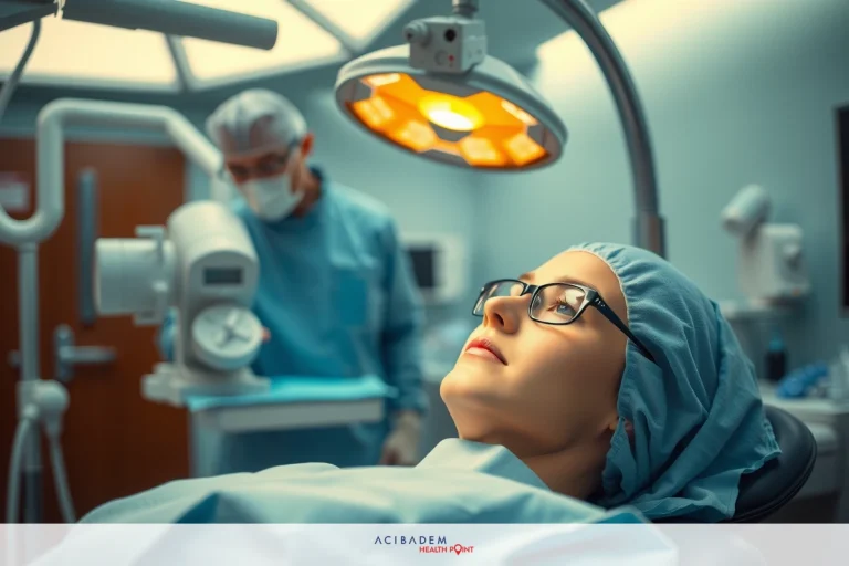 Is Anesthesia Used During LASIK Eye Surgery? The image depicts an operating room scene where a surgical procedure is being carried out. In the foreground, there's a patient lying on a stretcher with their head raised. A surgeon and a nurse are standing over the patient; the nurse is positioned to the left of the surgeon. Both medical professionals are wearing typical hospital attire, complete with face masks and caps. The environment is clean and sterile, indicative of a surgical suite. There's no visible text or branding in the image.