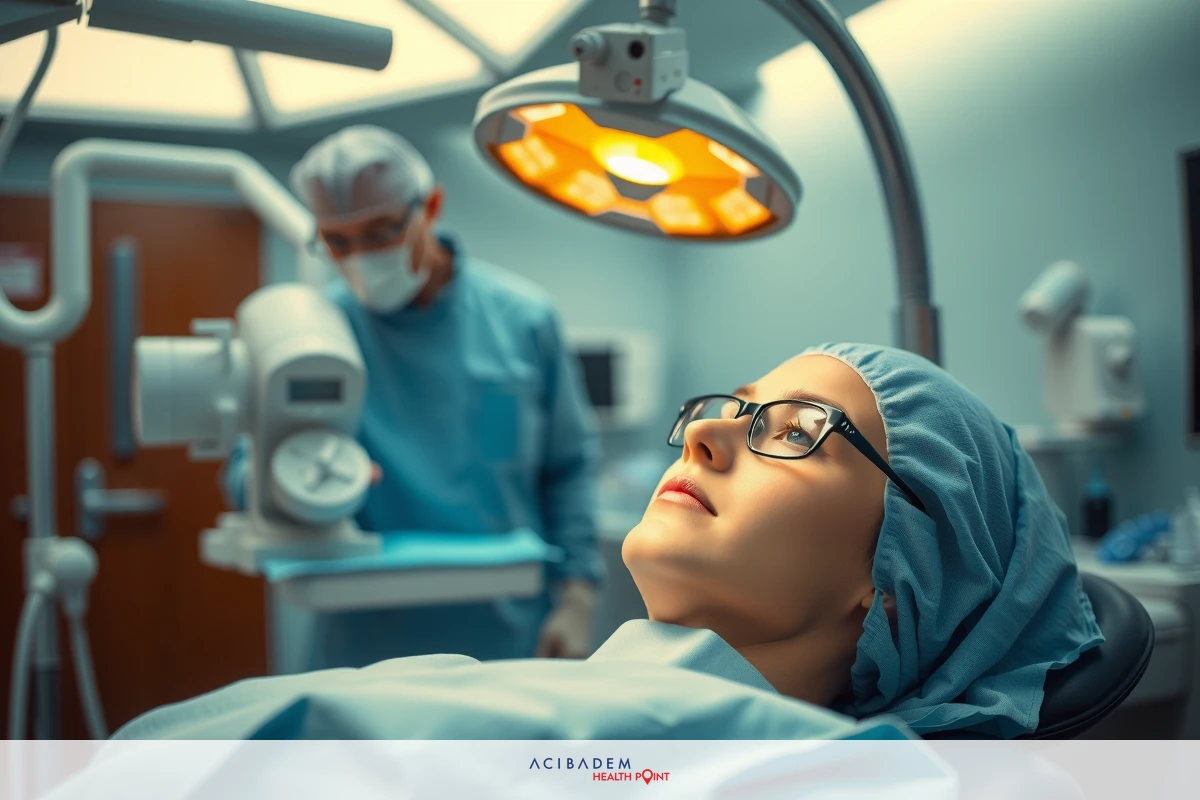 The image depicts an operating room scene where a surgical procedure is being carried out. In the foreground, there's a patient lying on a stretcher with their head raised. A surgeon and a nurse are standing over the patient; the nurse is positioned to the left of the surgeon. Both medical professionals are wearing typical hospital attire, complete with face masks and caps. The environment is clean and sterile, indicative of a surgical suite. There's no visible text or branding in the image.