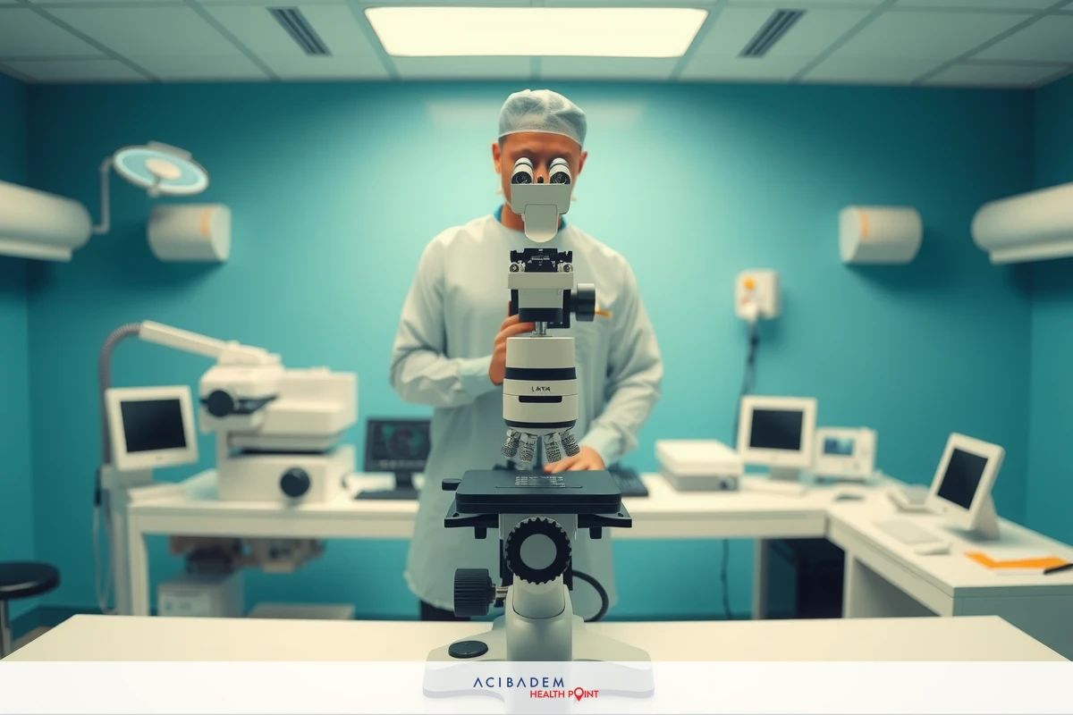 The image shows a person wearing protective gear, including gloves and possibly face protection, standing in a laboratory or medical setting. They are positioned behind a microscope on a table with various scientific equipment around them. The environment appears to be sterile and is designed for precise scientific work. There are monitors in the background that display information relevant to the task at hand.