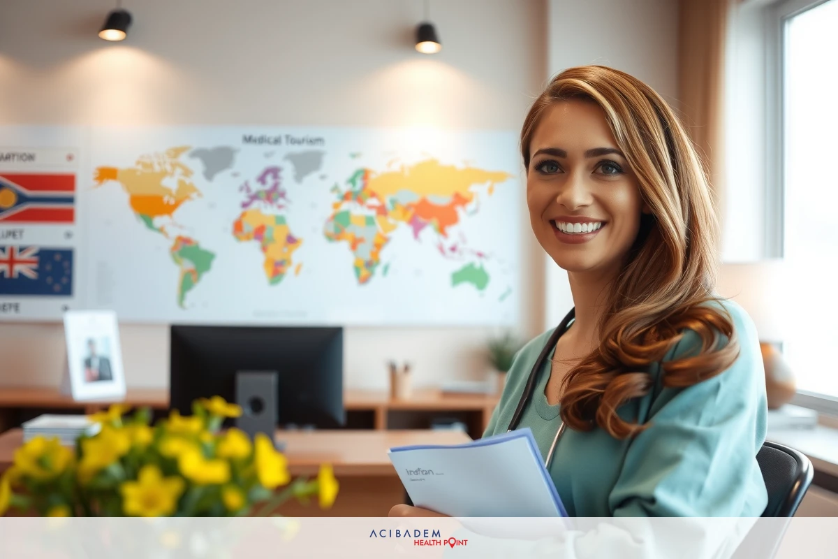 The image is a photograph of a smiling young woman in an office setting. She wears a teal suit and has long, dark hair. Her desk includes a computer and various papers, suggesting she's working or meeting someone.
