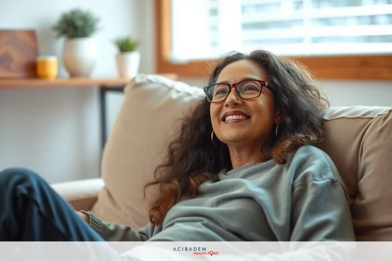 A smiling woman wearing glasses and a grey sweatshirt, comfortably relaxing on a sofa with her feet propped up on the armrest. She appears to be in a cozy home setting.
