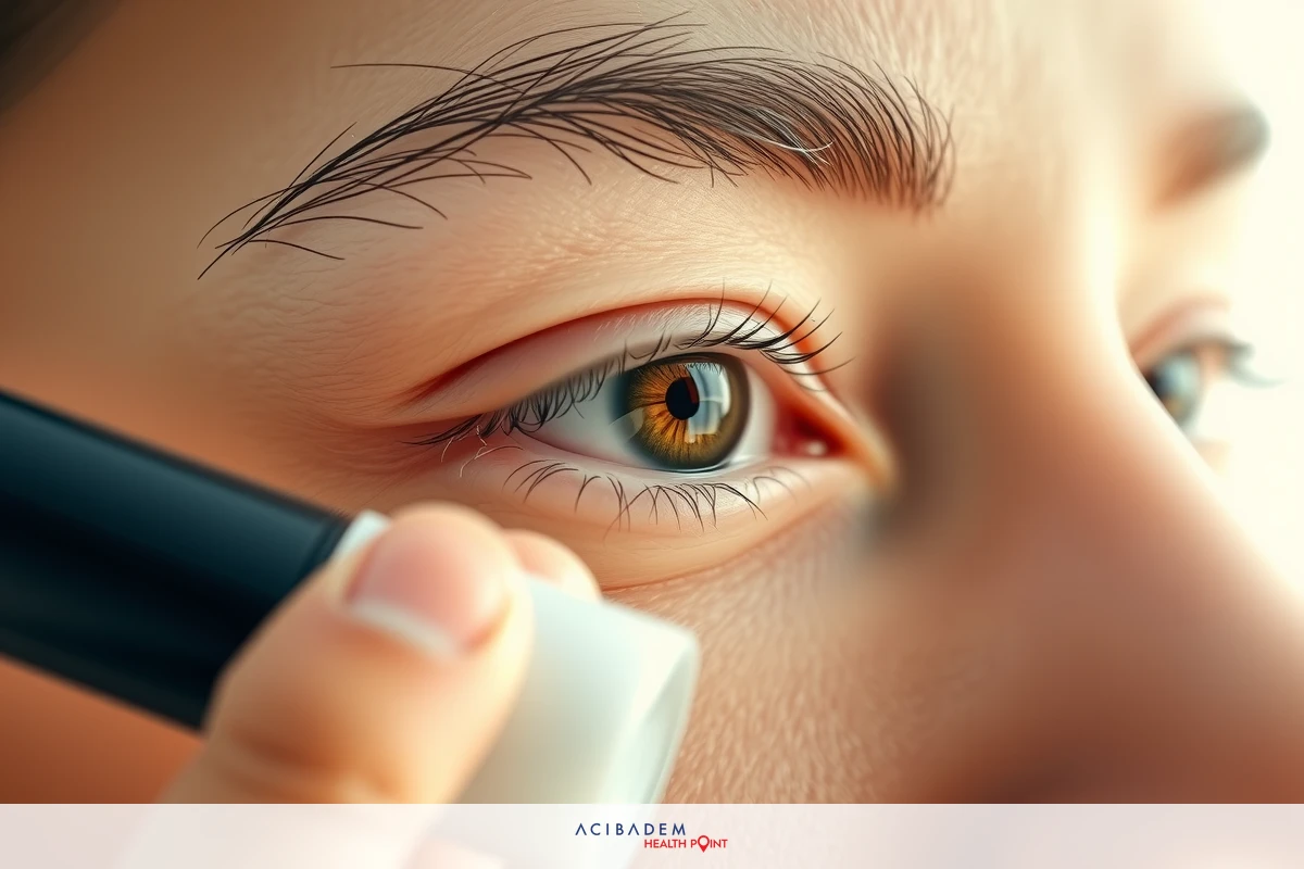Close up of a person's face as they are having their eyebrows threaded. The focus is on the area around the eye and eyebrow, with emphasis on the texture of the skin.