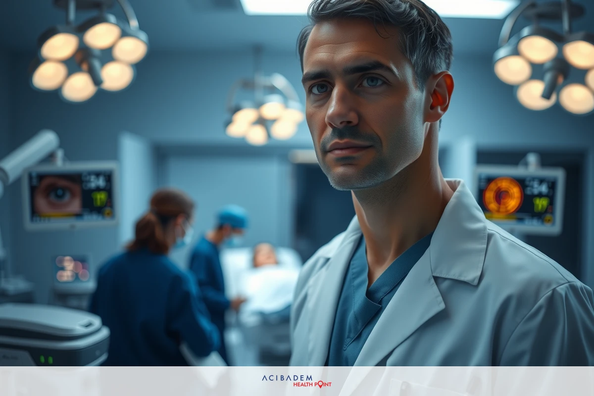 The image shows an operating room scene. A male surgeon stands in the center, dressed in a white lab coat and stethoscope. He is looking directly at the viewer with a focused expression. Other medical professionals are present around him, also in medical attire, suggesting they are part of a surgical team.
