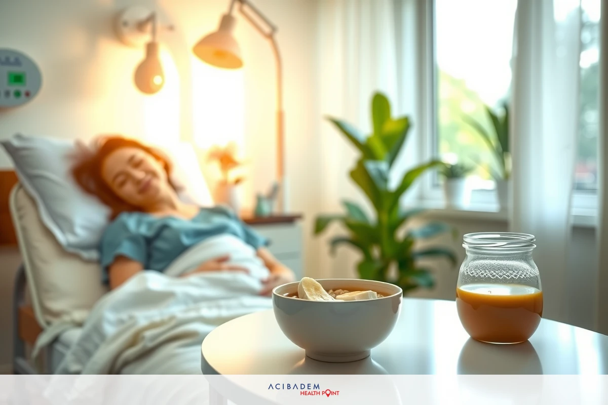 This image features a smiling woman lying in a hospital bed, with medical equipment surrounding her. On the table next to the bed, there are two bowls containing food and a cup of beverage. The room has a bright ambiance with sunlight filtering through windows, suggesting an early morning scene.