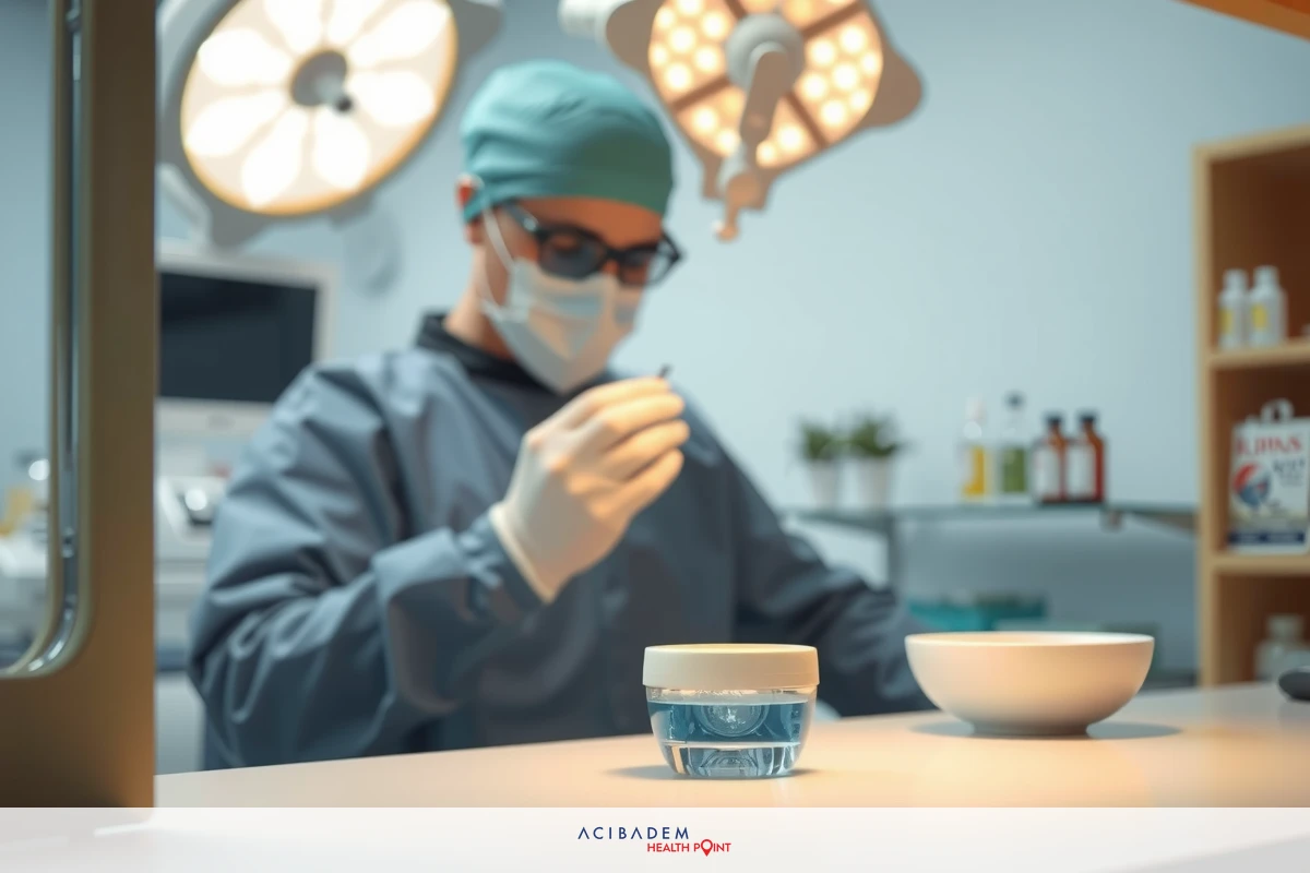 The image depicts a medical professional, likely a doctor or surgeon, in a well-equipped medical operating room. The person is wearing surgical attire and glasses, including gloves.