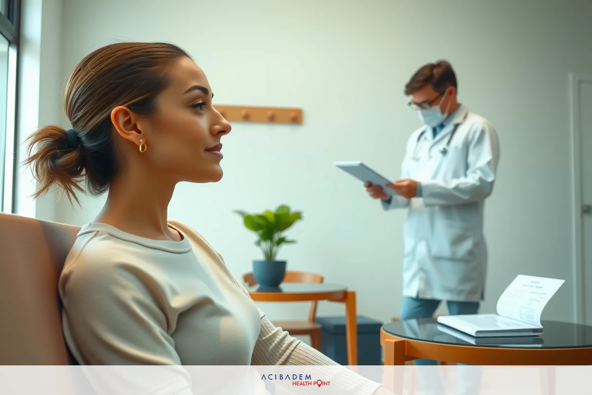 The image features a professional setting, possibly a medical office. A doctor in a white coat is standing and holding a clipboard, looking at the patient.