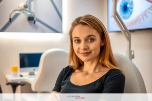 The image shows a woman sitting in an eye examination room, with a large, detailed 3D visual of the human eye displayed on the screen behind her. The woman has blonde hair and is wearing a black top. She appears to be smiling at something outside the frame. There is modern, clean, clinical office equipment around her, suggesting a professional healthcare environment.