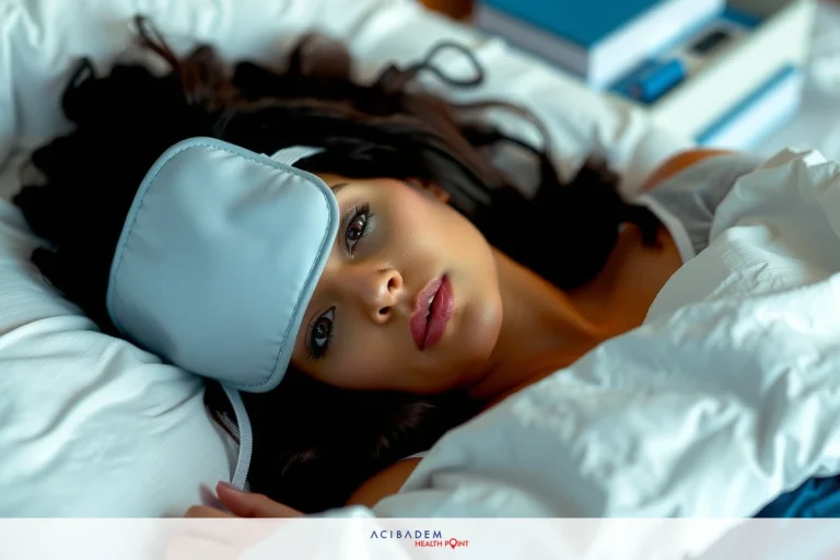 A woman resting her head on a pillow, wearing an eye mask. She appears to be sleeping or resting in a bedroom environment.