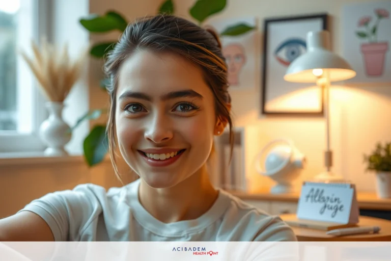 This is a photograph of a young woman with short hair, smiling at the camera. She is seated in what appears to be an office or home workspace environment.