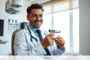 The image features a professional male doctor seated in a modern medical office. The doctor is holding an otoscope, likely examining a patient's ear for signs of discomfort or pathology. He is smiling and appears to be engaged with the examination process. His environment includes medical equipment such as an ophthalmoscope, suggesting this could be a comprehensive eye examination setting. The room has a clean, sterile atmosphere typical of a medical practice.