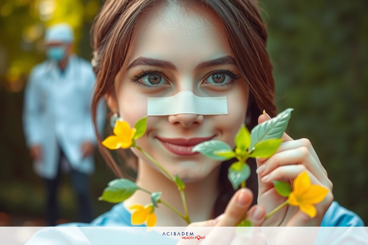 A woman with a tape on her nose is surrounded by yellow flowers, smiling as she holds the flowers to her face. In the background, there's someone wearing a lab coat.