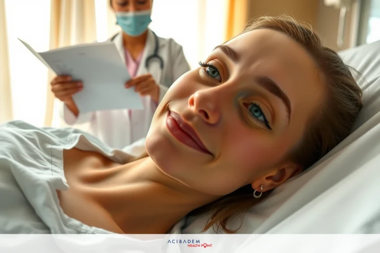 The image shows a woman lying in a hospital bed with medical staff attending to her. The woman is smiling and appears relaxed, indicating she might be receiving treatment or post-operative care. The environment suggests a modern healthcare facility.