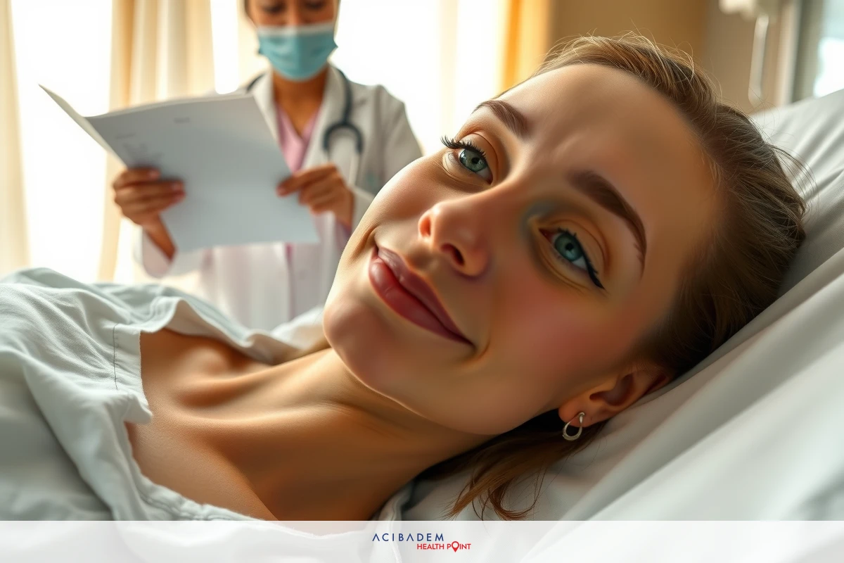 The image shows a woman lying in a hospital bed with medical staff attending to her. The woman is smiling and appears relaxed, indicating she might be receiving treatment or post-operative care. The environment suggests a modern healthcare facility.