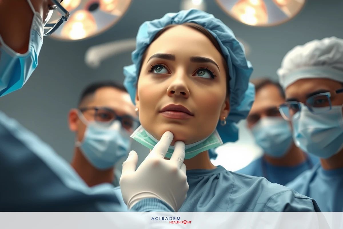 The image depicts a hospital setting where medical personnel are attending to a patient. A surgeon, wearing surgical gear including an apron and face mask, is checking the patient's neck or throat area. The patient appears calm under examination, with the surgeon using a stethoscope for auscultation. Other medical staff are also present in the background, suggesting teamwork and coordination during the procedure.