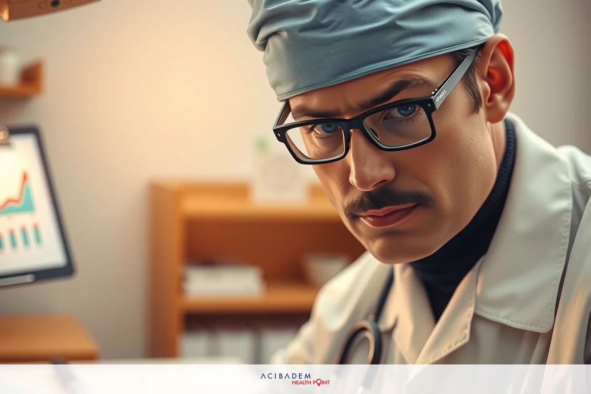 The image features a man wearing surgical attire, including scrubs and a surgeon's mask. He has glasses with dark frames and is looking intently towards the camera.