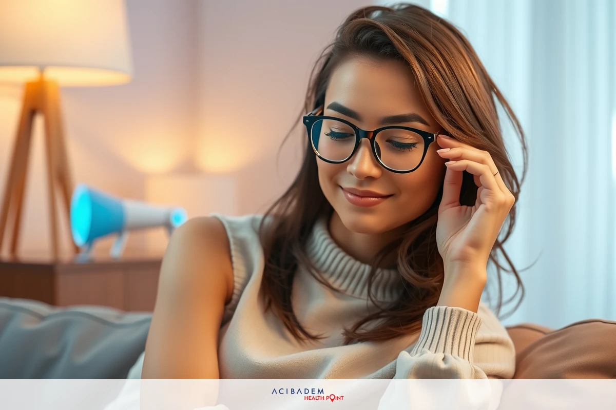 A young woman with brown hair wearing glasses and a sweater, smiling at the camera. She is seated on a sofa, looking down with her hand to her head.