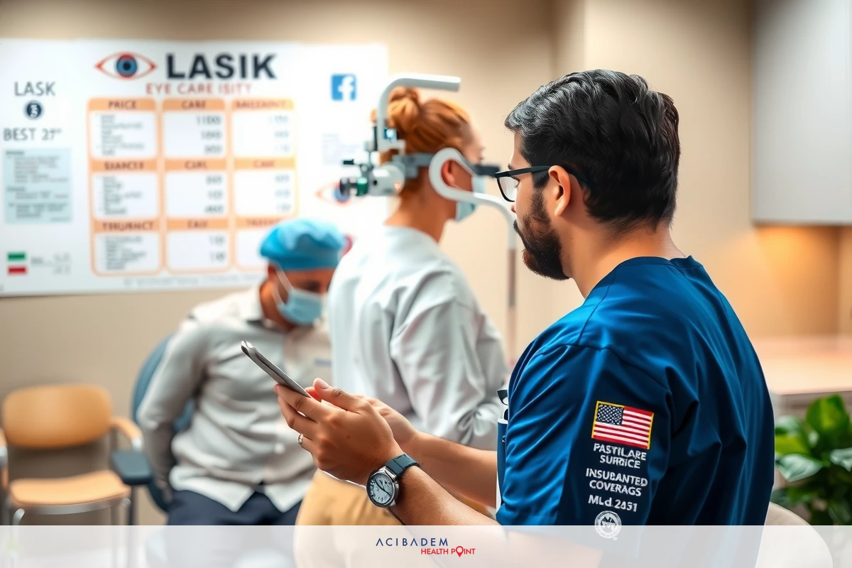 In an office environment, two medical professionals are engaged in a discussion. One is seated at a desk with papers and equipment while the other stands beside them, holding a cell phone. They are all dressed in professional attire.