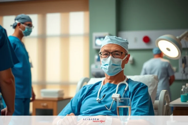 In the image, a hospital setting is depicted with medical professionals in white coats performing their duties. A man dressed as a surgeon is at center stage, observing the procedures being carried out by the team around him. The environment is filled with medical equipment and supplies, painted in shades of clean whites and sterile greys.