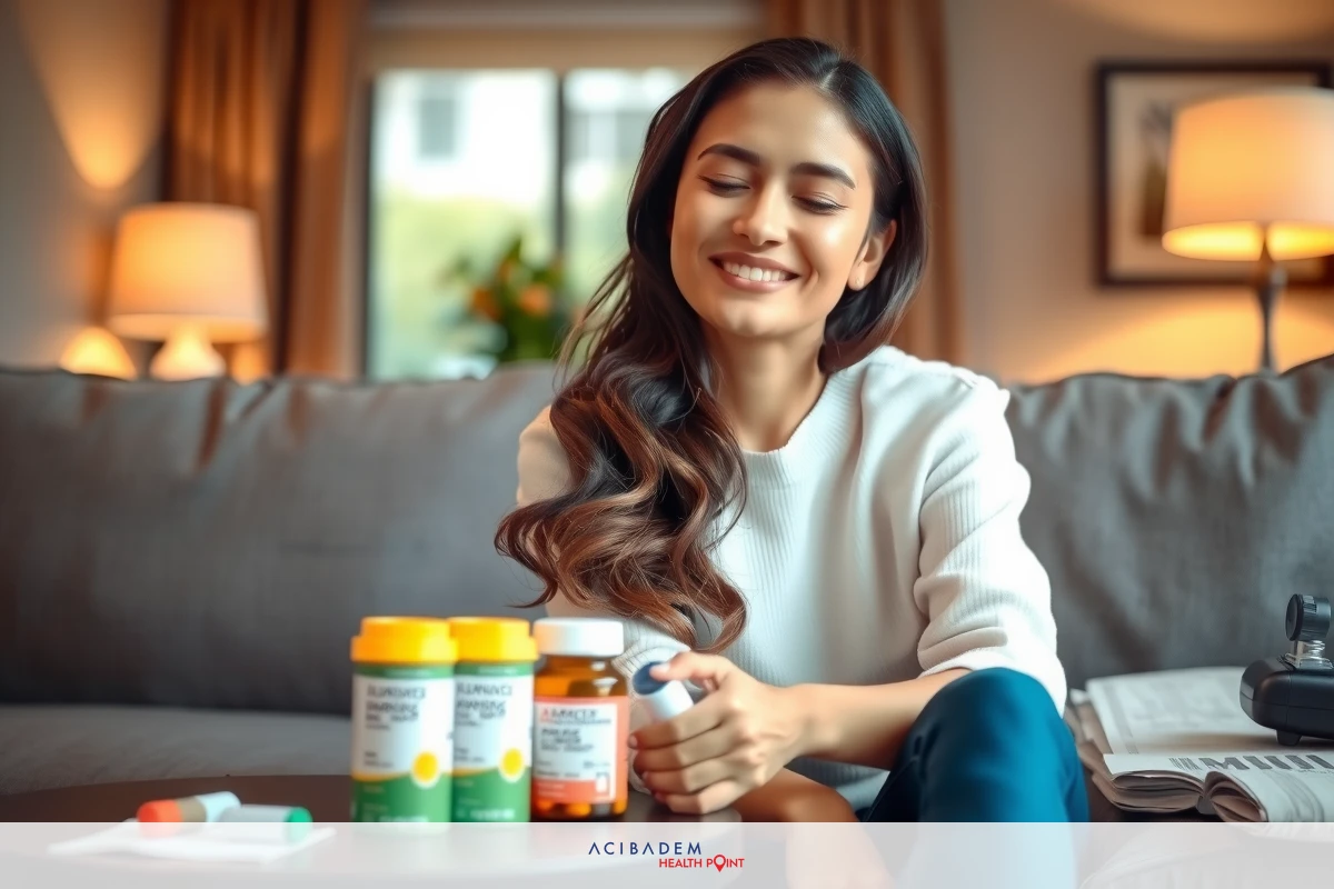 The image is a portrait of a woman sitting on a couch, smiling and holding a pill bottle in her hand. The environment suggests a cozy living room with comfortable lighting. Her attire includes a white top.