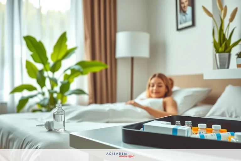 A young woman lounging in a well-appointed hotel room, surrounded by modern decor with warm lighting. The bed is neatly made, and she's lying down, relaxing against a pile of pillows with her head resting on them.