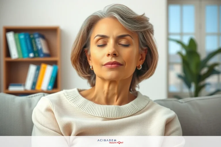 Woman in soft focus, resting hands on face, eyes closed, exhaling deeply. Soft beige sweater, cozy room with natural light.