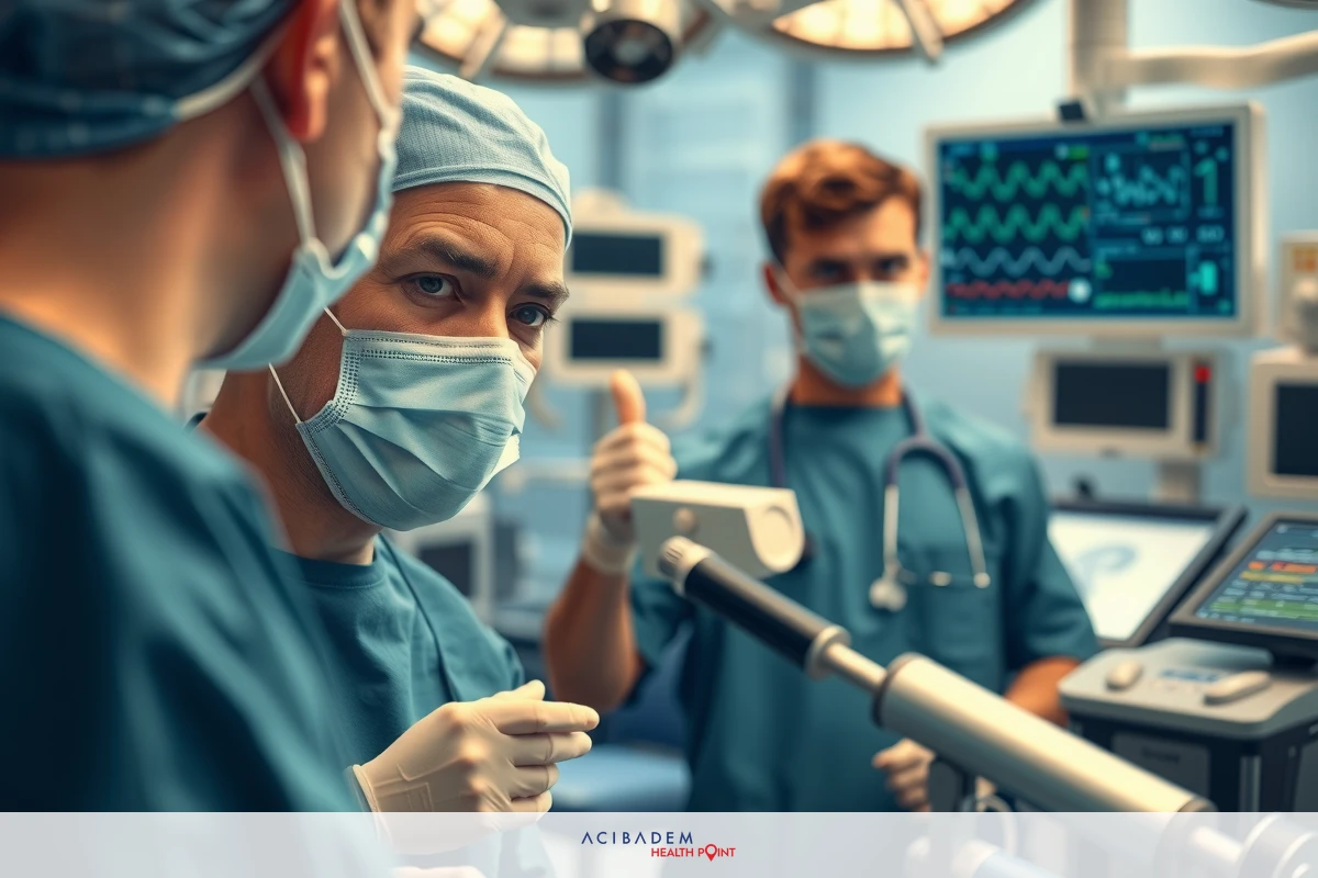 The image shows a medical setting with three surgeons. Two are wearing surgical gowns, caps, and face masks while one is pointing to the left with his finger.