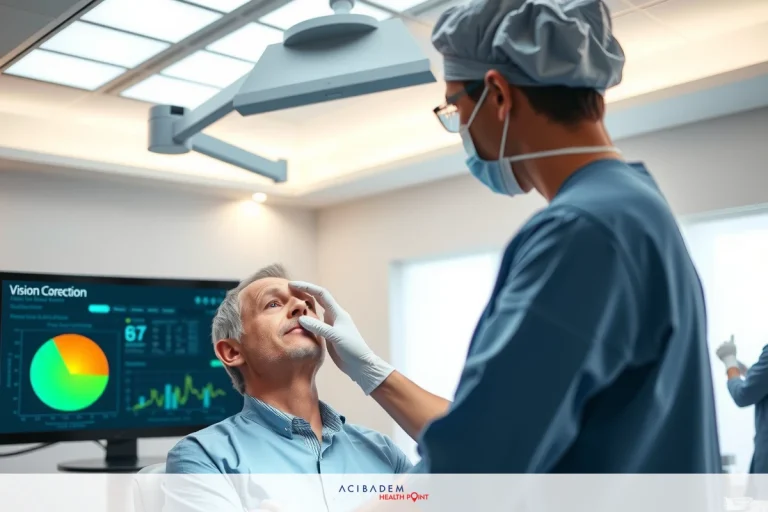 What Is Age Limit for LASIK Eye Surgery This image shows a medical scene with two doctors examining a patient. The focus is on the patient's face, indicating some sort of medical test or procedure is taking place. In the background, there are medical devices and monitors displaying graphs and data, suggesting this might be an advanced medical setting. There are no other distinguishable elements in the image to add further context.