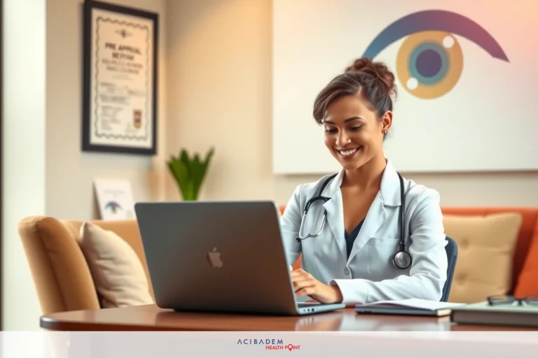 Does WellCare Cover LASIK Eye Surgery? A female doctor in professional attire, smiling at the camera while working on a laptop in an office setting. The room has a modern decor with plants and medical posters on the wall.